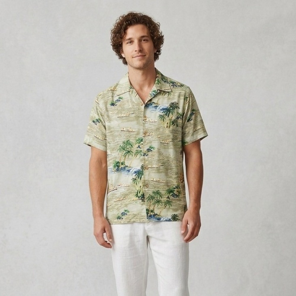 Kennington Ltd Mens Large‎ Hawaiian Shirt Sage Green Tropical Island Canoe Print